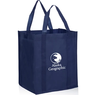 Bolsas de asas de convención no tejidas azules personalizadas Bolsa de empaquetado de compras de venta caliente con fondo de pie Pl
